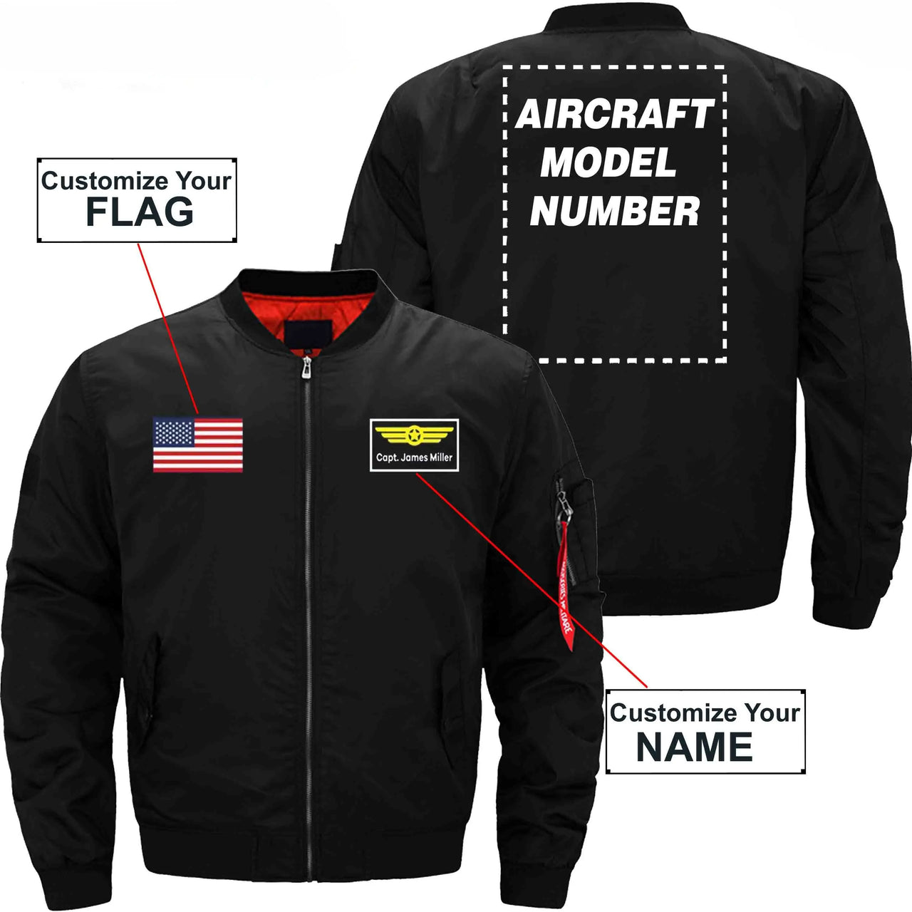 CUSTOM FLAG & NAME WITH AIRCRAFT MODEL NUMBER - JACKET THE AV8R