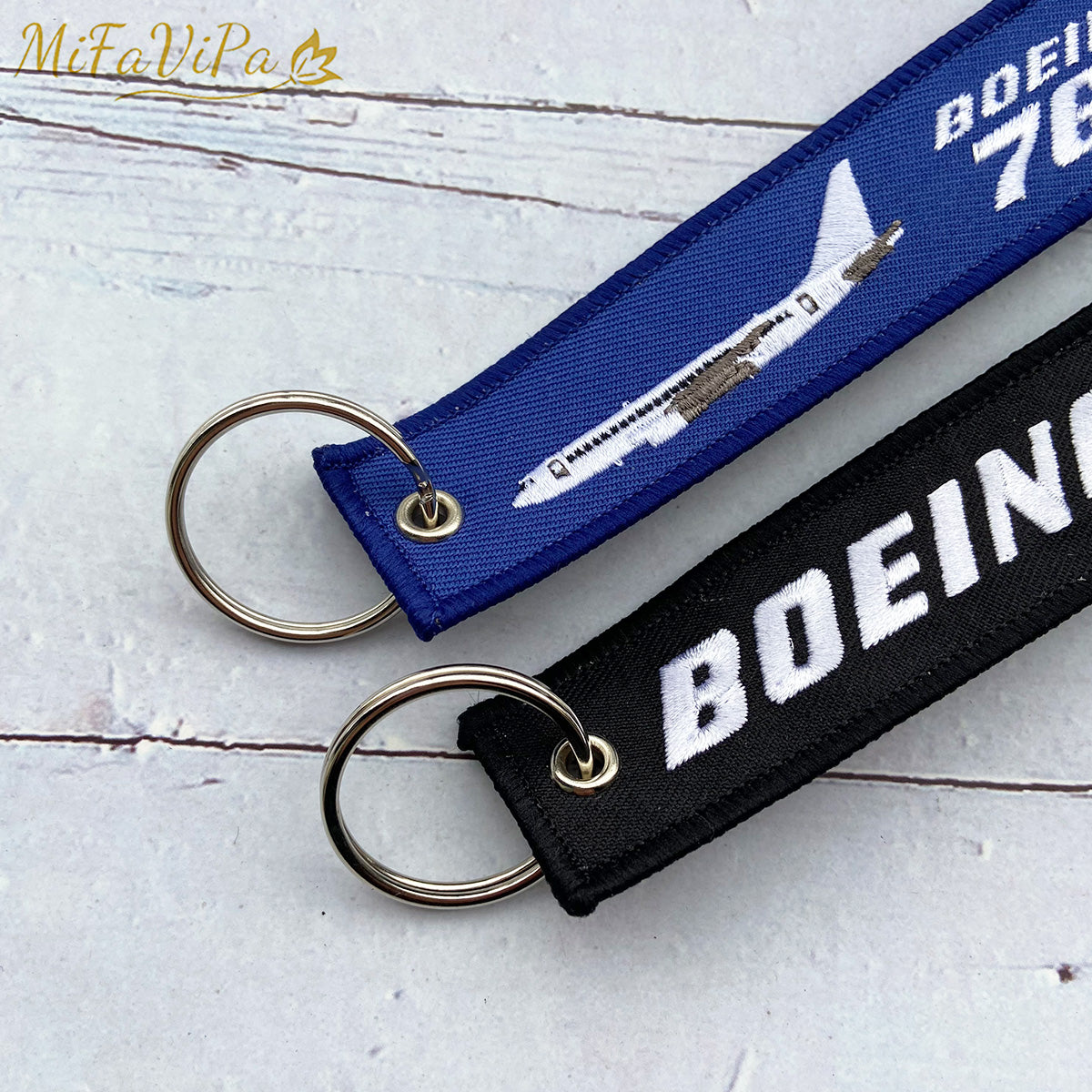 2 PCS Black and Blue Embroidery Boeing 767 Fashion Trinket Keychain AV8R